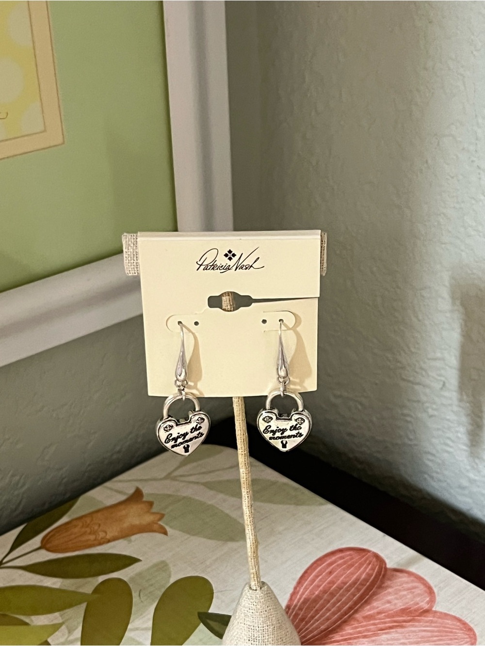 NWT Patricia Nash Silver Heart Lock “Enjoy the moments” Dangle Earrings #PNER